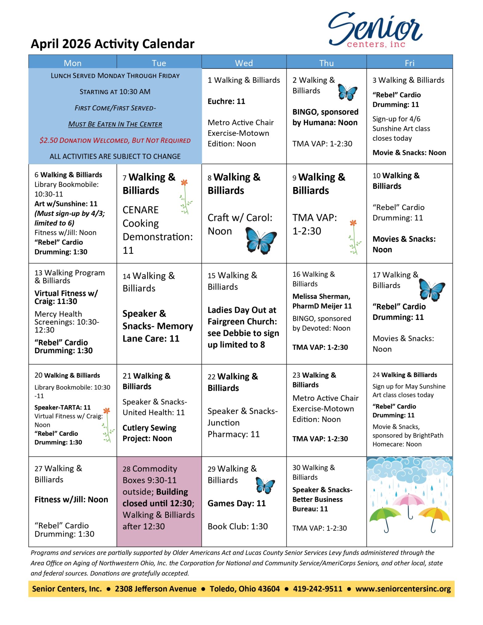 April 2026 Activity Calendar – Senior Centers, Inc.