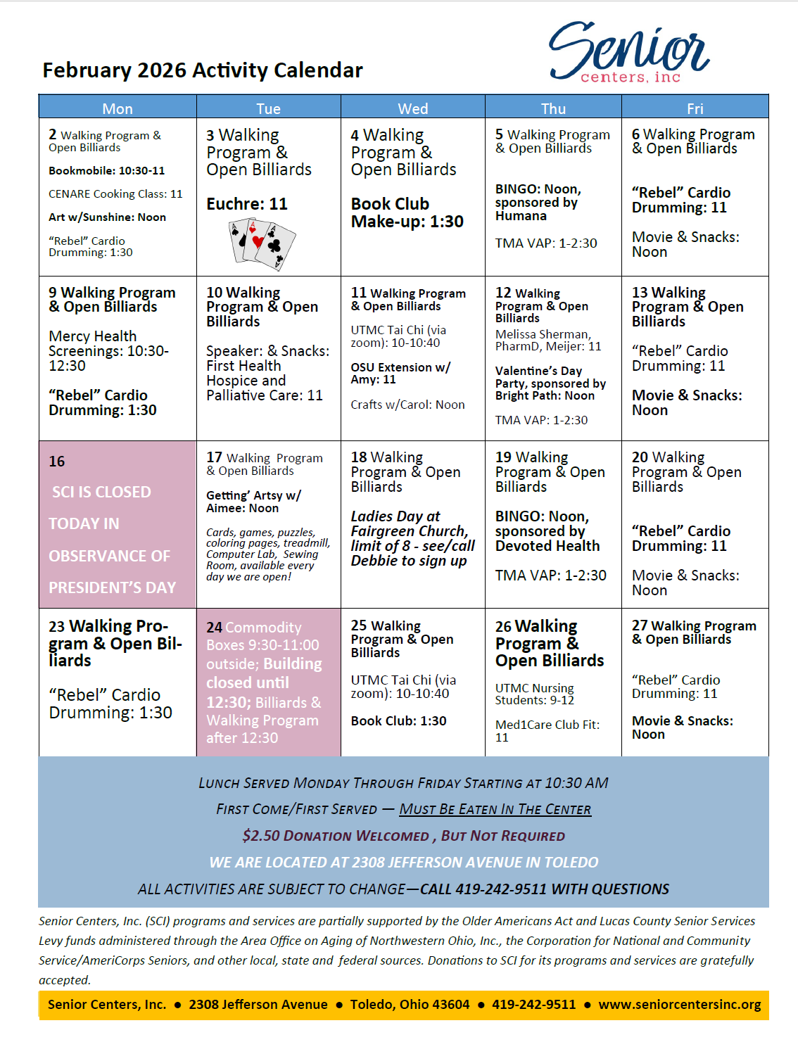 February 2026 Activity Calendar – Senior Centers, Inc.