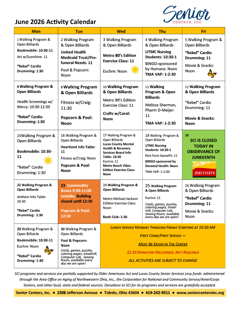 June 2026 Activity Calendar – Senior Centers, Inc.