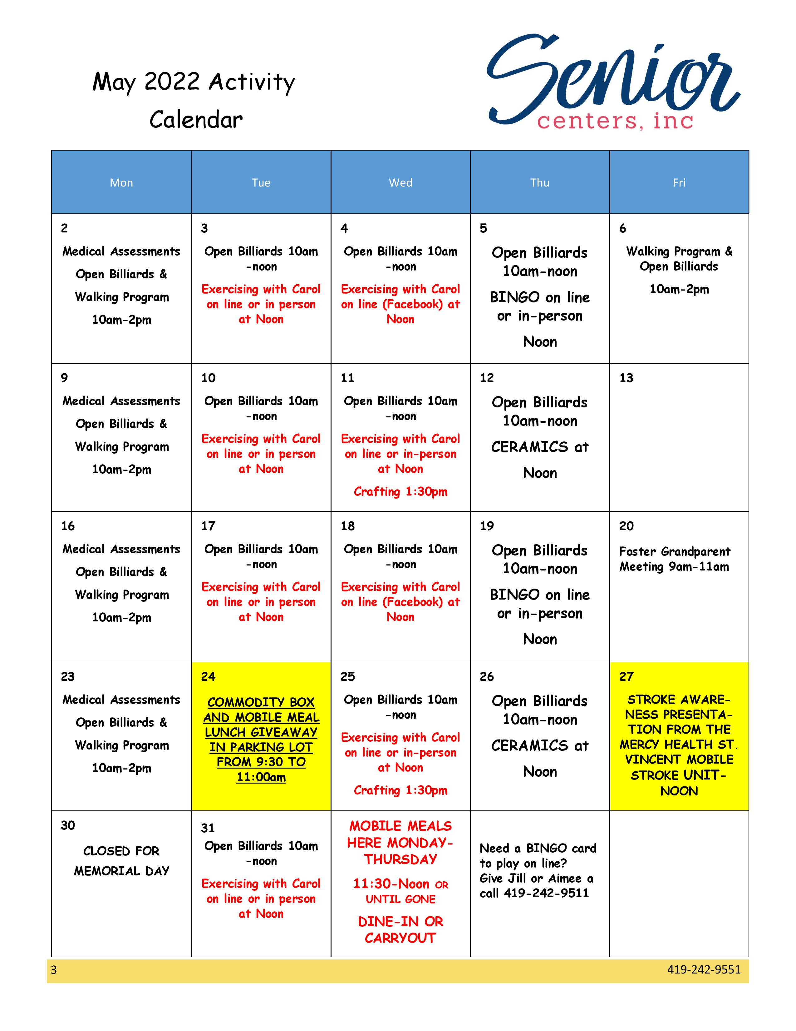 May 2022 Newsletter and Activity Calendar – Senior Centers, Inc.