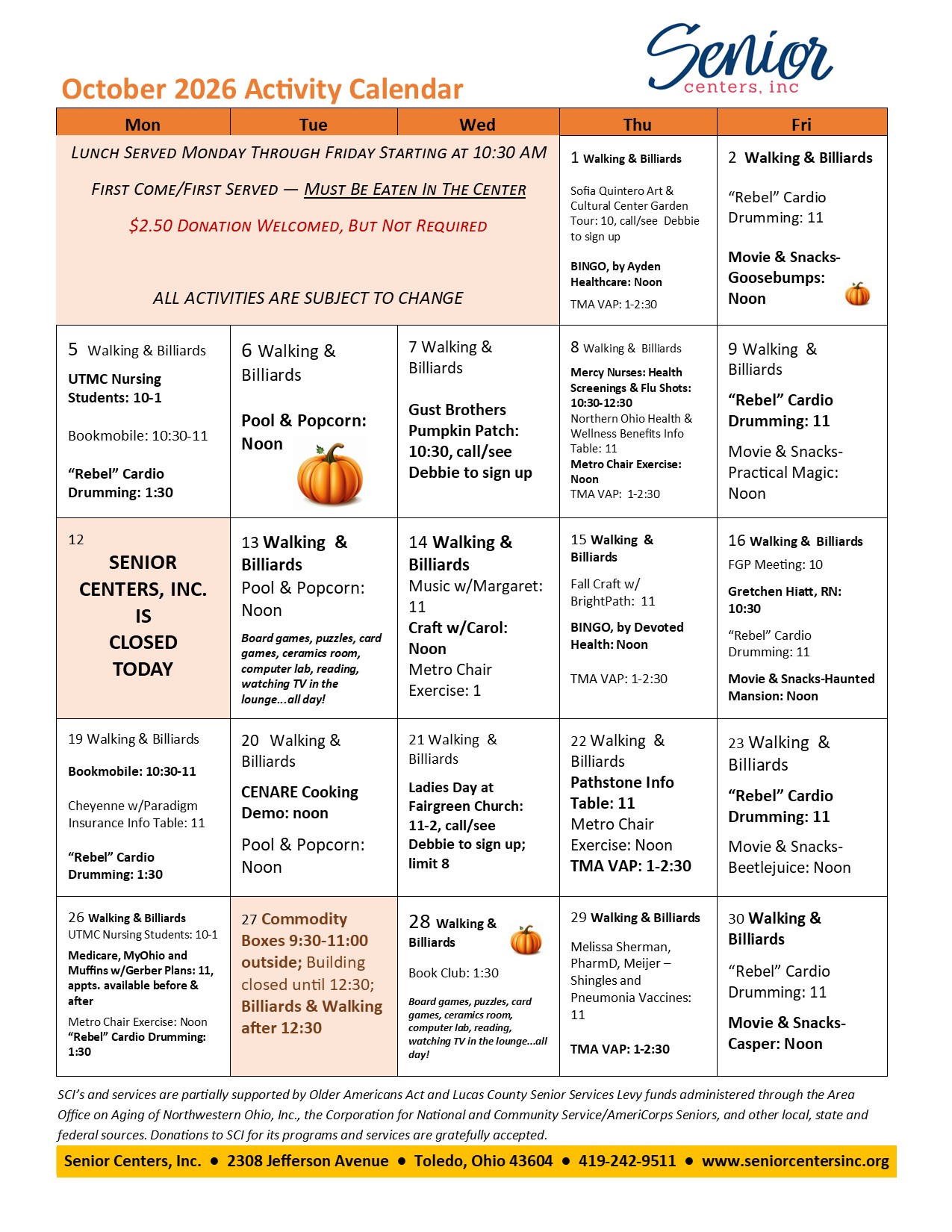 October 2026 Activity Calendar – Senior Centers, Inc.