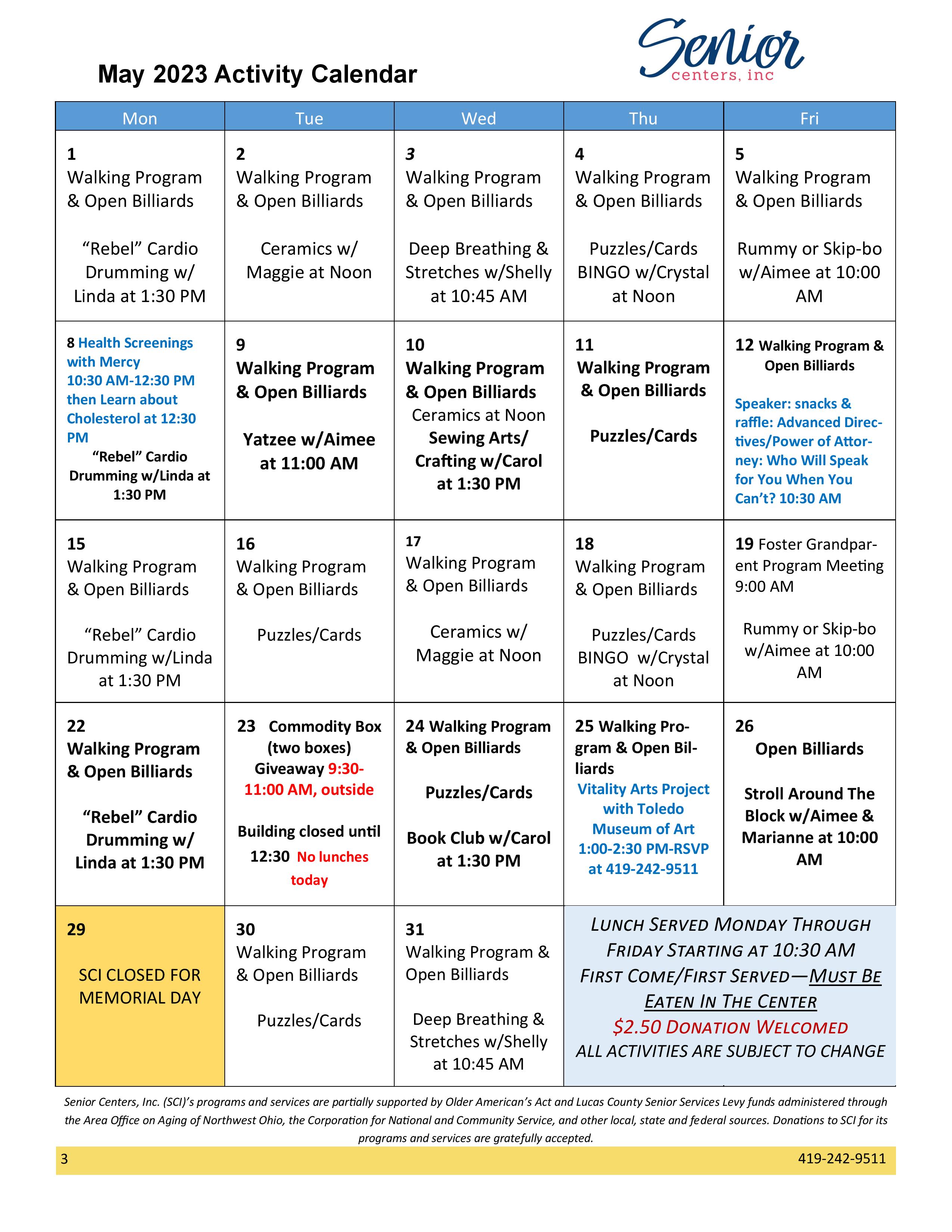 May 2023 Newsletter and Activity Calendar – Senior Centers, Inc.