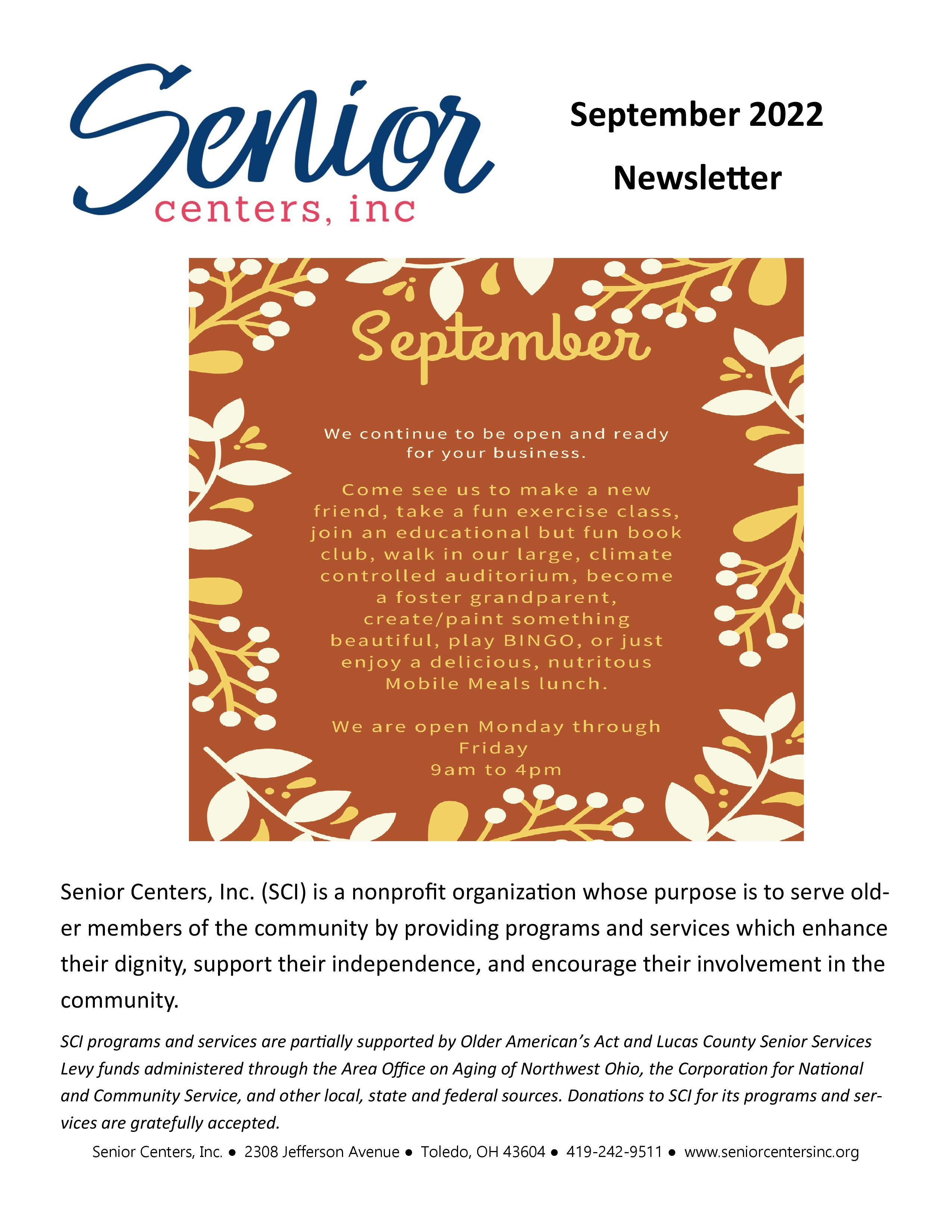 September 2022 Newsletter and Activity Calendar – Senior Centers, Inc.